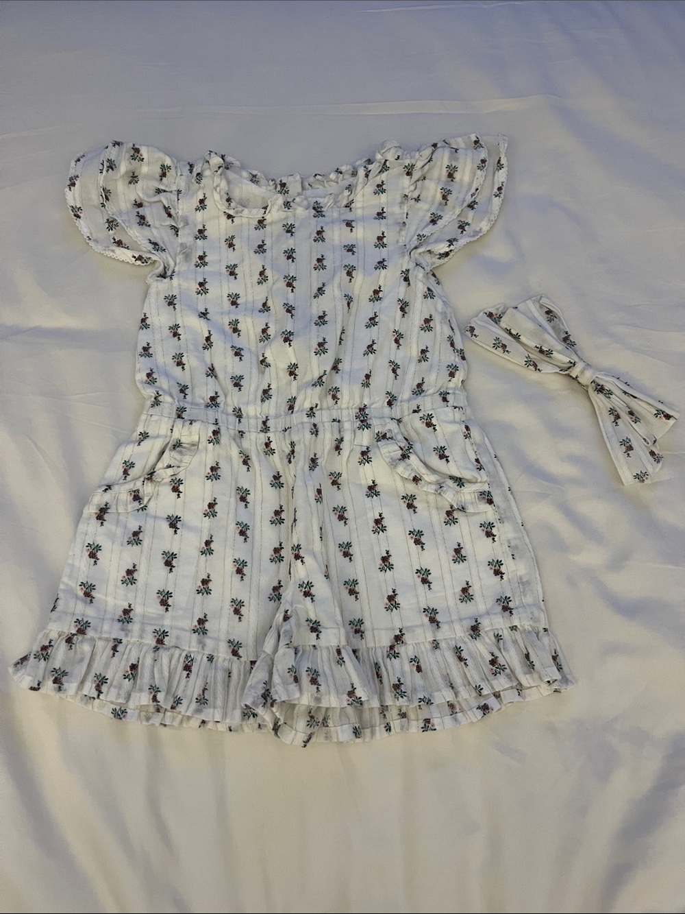 Janie and Jack White Floral Stripe Romper with Bow